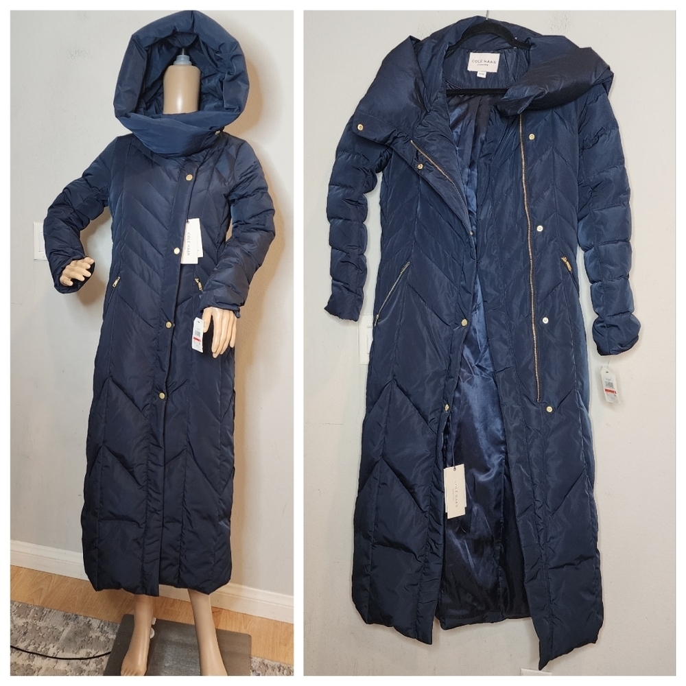 NWT Cole Haan Down Fill Maxi Hooded Chevron Puffer Navy Blue Coat Women's XS